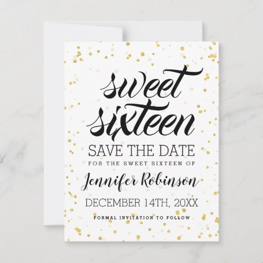 Gold Glitzer Sparkle Confetti Sweet 16 Rett Date Save The Date (Vorderseite)