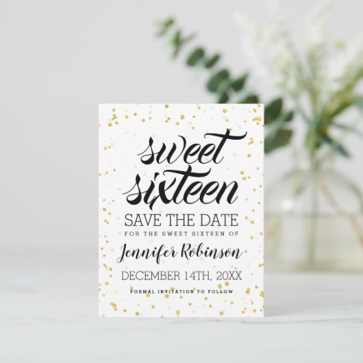 Gold Glitzer Sparkle Confetti Sweet 16 Rett Date Save The Date (Stehend Vorderseite)