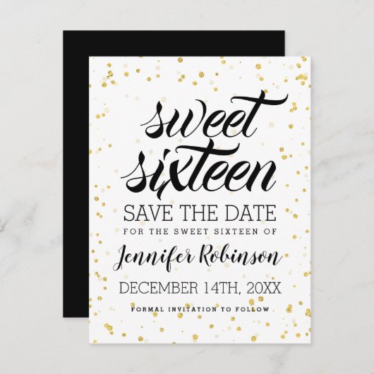 Gold Glitzer Sparkle Confetti Sweet 16 Rett Date Save The Date (Vorne/Hinten)