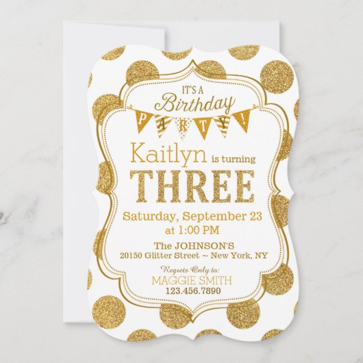 Gold Glitzer Sparkle Dritter Geburtstag Einladung (Vorderseite)
