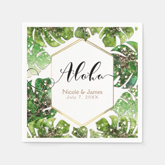 Gold Glitzer Sparkle Glam Tropical Blätter Hochzei Serviette (Vorderseite)