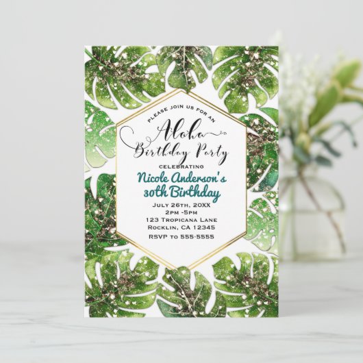 Gold Glitzer Sparkle Glam Tropical Blätter Party Einladung (Stehend Vorderseite)