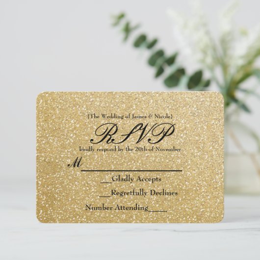 Gold Glitzer Sparkle Glamour Wedding RSVP Card (Stehend Vorderseite)