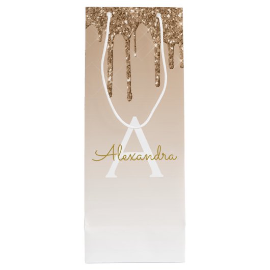 Gold Glitzer & Sparkle Luxus Monogram Geschenktüte Für Weinflaschen (Rückseite)
