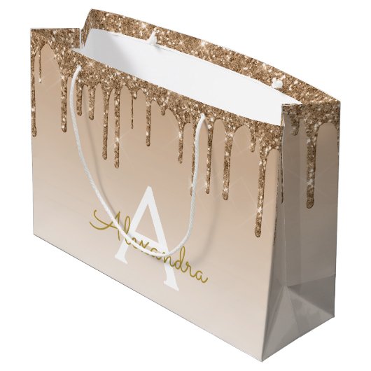Gold Glitzer & Sparkle Luxus Monogram Große Geschenktüte (Rückseite Schrägansicht)