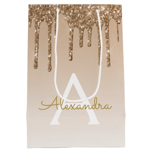 Gold Glitzer & Sparkle Luxus Monogram Mittlere Geschenktüte (Rückseite)