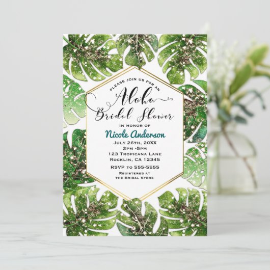 Gold Glitzer Sparkle Tropical Blätter Brautparty Einladung (Stehend Vorderseite)