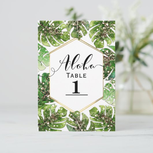 Gold Glitzer Sparkle Tropical Blätter Tischnummer (Stehend Vorderseite)