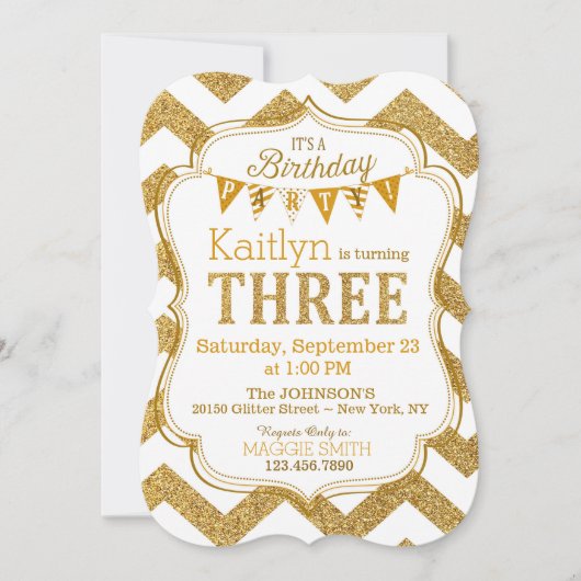 Gold Glitzer Sparkle Zickzack Dritter Geburtstag E Einladung (Vorderseite)