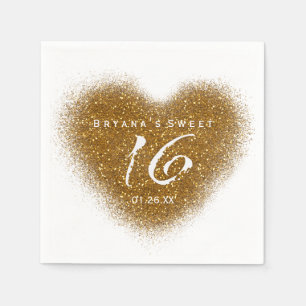 Gold Glitzer Spill Sweet 16 Heart Party Napkins Serviette
