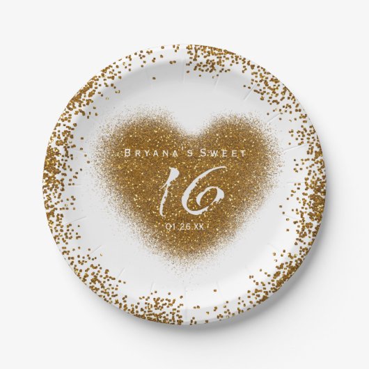 Gold Glitzer Spill Sweet 16 Heart Party Teller (Vorderseite)