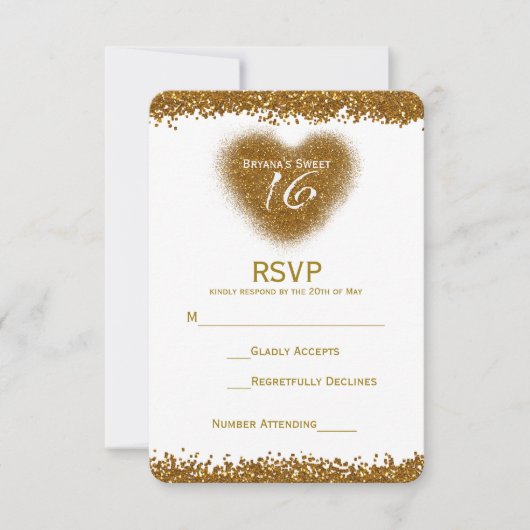 Gold Glitzer Spill Sweet 16 Heart RSVP Card (Vorderseite)