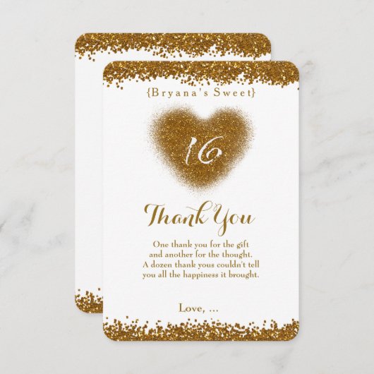 Gold Glitzer Spill Sweet 16 Herz Dankeschön Karte (Vorne/Hinten)