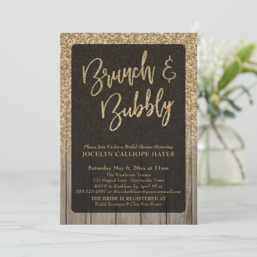 Gold Glitzer Stall Holz Brunch & Bubbly Einladung (Stehend Vorderseite)