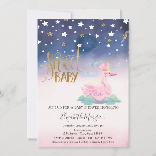 Gold Glitzer Star, Swan Baby Shower Einladung (Vorderseite)