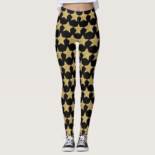 Gold Glitzer Stars Black Leggings (Vorderseite)
