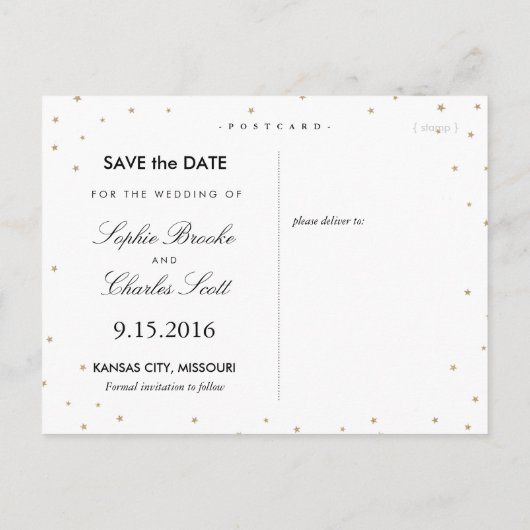 Gold Glitzer Stars Extravagant Save the Date Postk Ankündigungspostkarte (Rückseite)