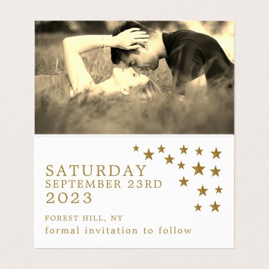 Gold Glitzer Stars Foto Save the Date Card Visitenkarten (Innenseite Aufgefaltet)