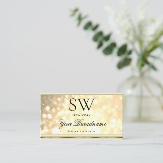 Gold Glitzer Stars Monogram Beige Golden Visitenkarte (Stehend Vorderseite)