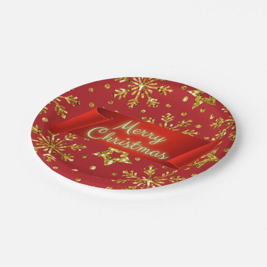 Gold Glitzer Stars & Schneeflocken Pappteller (Schrägansicht)