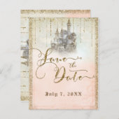Gold Glitzer Storybook Burg Save the Date Ankündigungspostkarte (Vorne/Hinten)