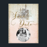 Gold Glitzer Storybook Burg Save the Date Foto Ankündigungspostkarte<br><div class="desc">Gold Glitzer Storybook Castle Save the Date Foto Postcard. Anpassen mit jedem Text.</div>