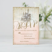 Gold Glitzer Storybook Castle Wedding RSVP Antwort (Stehend Vorderseite)