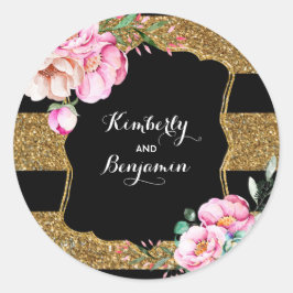 Gold Glitzer Streifen und rosa Blume Vintag Chic Runder Aufkleber