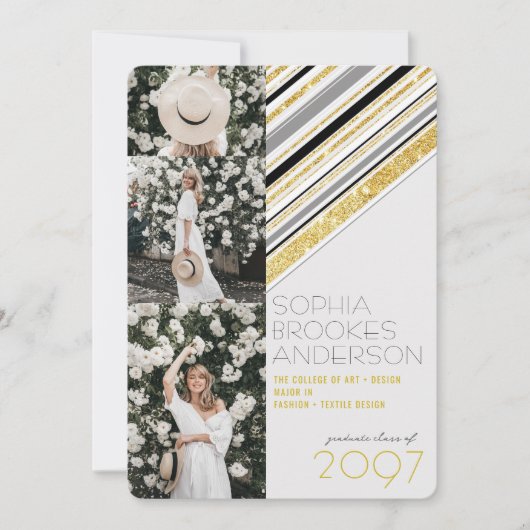 Gold Glitzer Stripes 3 Foto Chic Graduation Party Einladung (Vorderseite)