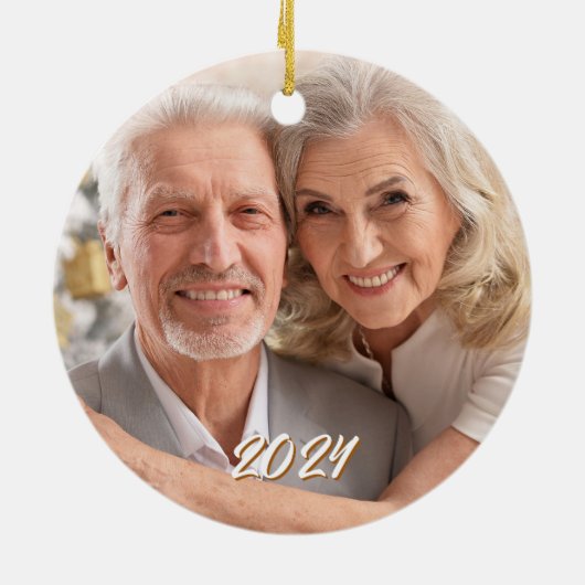 Gold Glitzer Stripes Frohe Weihnachten Couple Foto Keramik Ornament (Hinten)