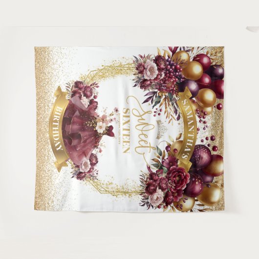 Gold Glitzer Sweet 16 Hintergrund Burgundy Blume Wandteppich (Vorderseite (Horizontal))