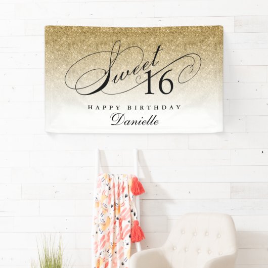 Gold Glitzer Sweet 16 Personalisiert Geburtstag Banner (Insitu)