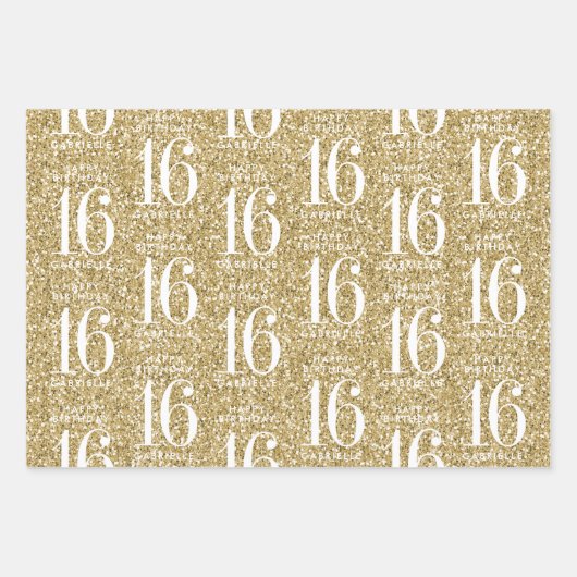 Gold Glitzer Sweet 16 Personalisierte Streifen Geschenkpapier Set (Vorderseite)
