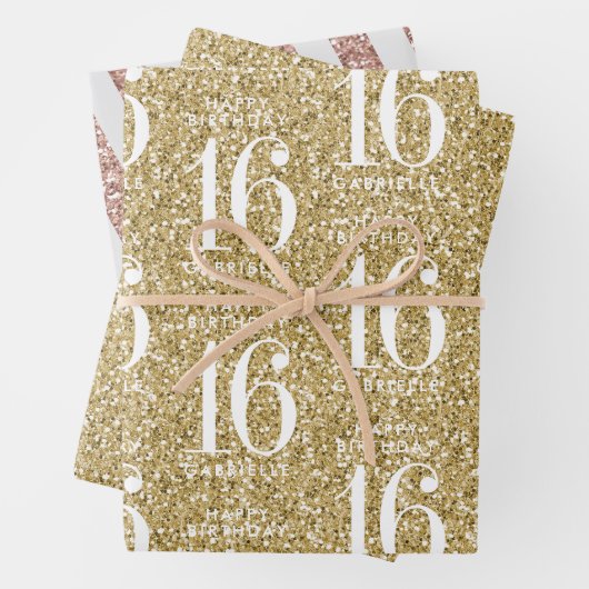 Gold Glitzer Sweet 16 Personalisierte Streifen Geschenkpapier Set (Beispiel)