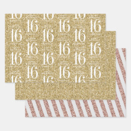 Gold Glitzer Sweet 16 Personalisierte Streifen Geschenkpapier Set