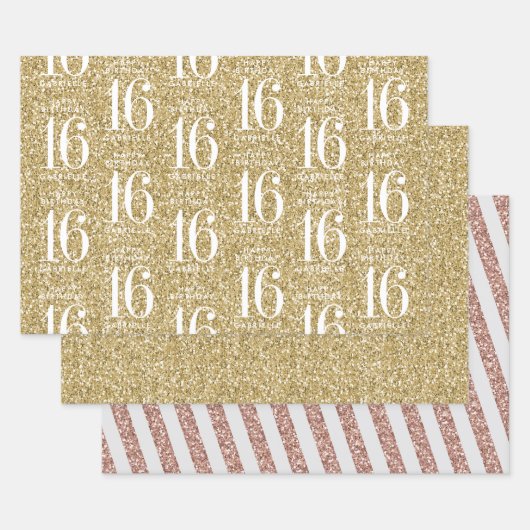 Gold Glitzer Sweet 16 Personalisierte Streifen Geschenkpapier Set (Set)