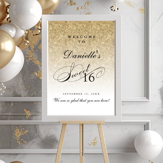 Gold Glitzer Sweet 16 Personalisierter Empfang Poster