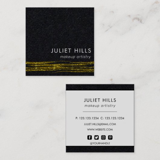 Gold Glitzer Swish und Black Square Business Card Quadratische Visitenkarte (Vorne/Hinten)