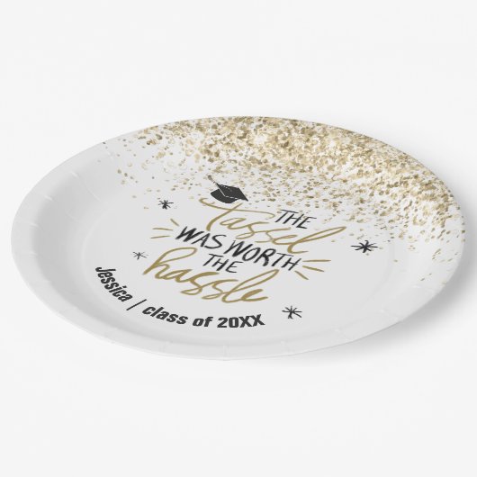 Gold Glitzer Tassel Worth The Hassle Abschluss Pappteller (Schrägansicht)