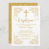 Gold Glitzer Taufe Christening Cross Einladung (Vorne/Hinten)