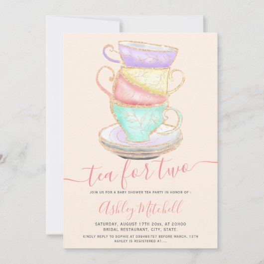 Gold Glitzer Tee Becher Aquarell Kinderdusche Einladung (Vorderseite)