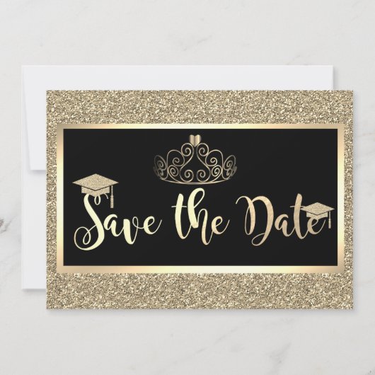 Gold Glitzer, Tiara Abschluss Save the Date (Vorderseite)