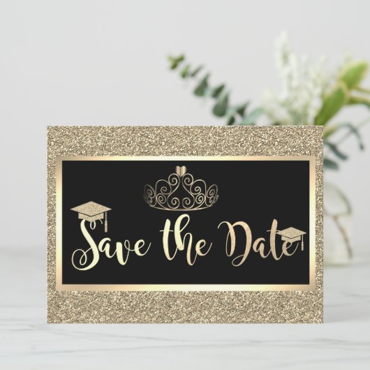 Gold Glitzer, Tiara Abschluss Save the Date (Stehend Vorderseite)