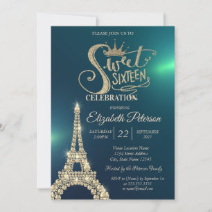 Gold Glitzer Tiara, Diamonds Eiffel Tower Green Einladung
