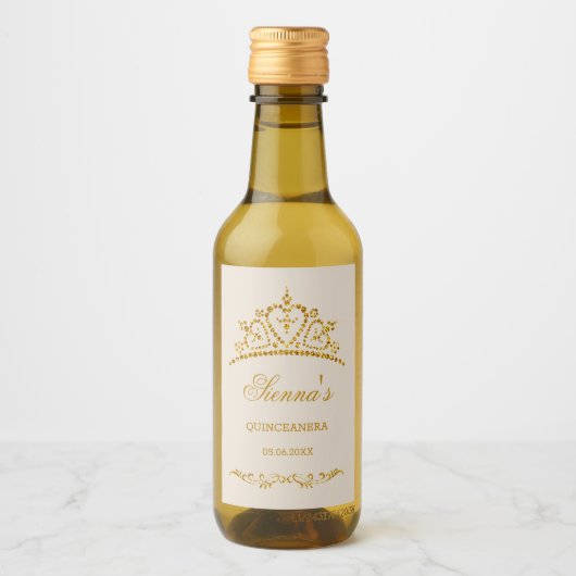 Gold Glitzer Tiara in Herzform Quinceanera Weinetikett (Vorderseite)