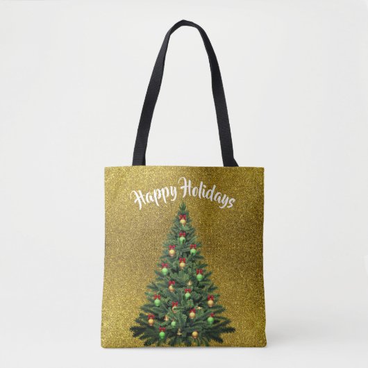 Gold Glitzer Tote Tasche mit Weihnachtsbaum (Vorderseite)