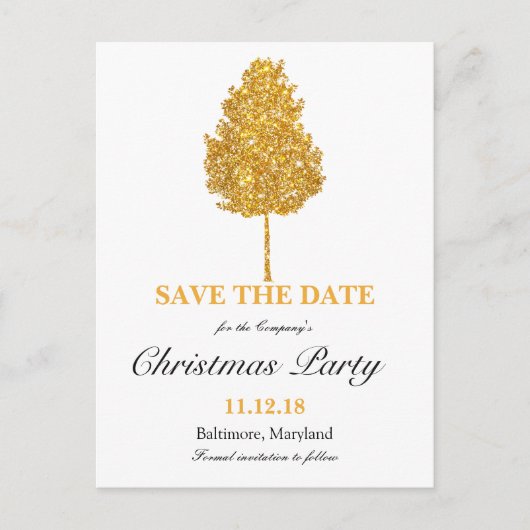Gold Glitzer Tree Weihnachts-Party Save the Date Ankündigungspostkarte (Vorderseite)
