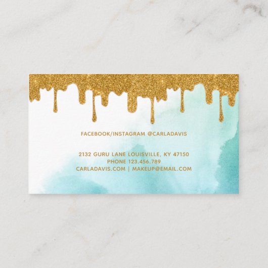 Gold Glitzer Tropfen Aquamarine Aquarellmalkunst Visitenkarte (Rückseite)