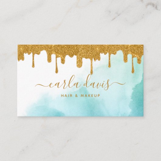 Gold Glitzer Tropfen Aquamarine Aquarellmalkunst Visitenkarte (Vorderseite)