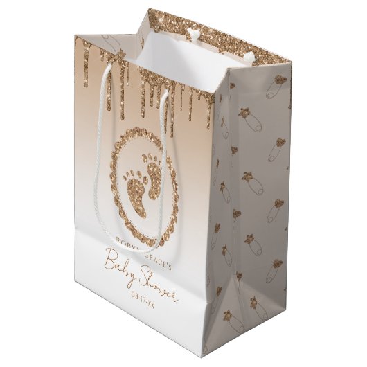 Gold Glitzer Tropfen Baby Showbeutel Mittlere Geschenktüte (Vorderseite Schrägansicht)